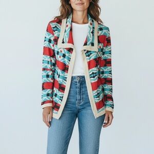 Boutique Women’s Red Blue Aztec Tribal Print Open Front Cardigan Sweater Large